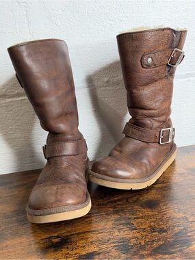 Vintage UGG Australia Kensington Brown Leather Shearling Biker Moto Boots 5678 S